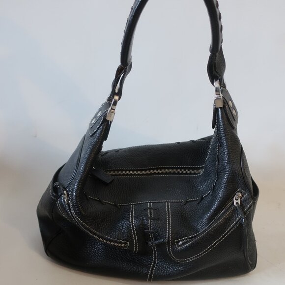 Womens Tod's Black Pebbled Leather Whipstitch Trim Hobo Shoulder Handbag - Picture 1 of 16